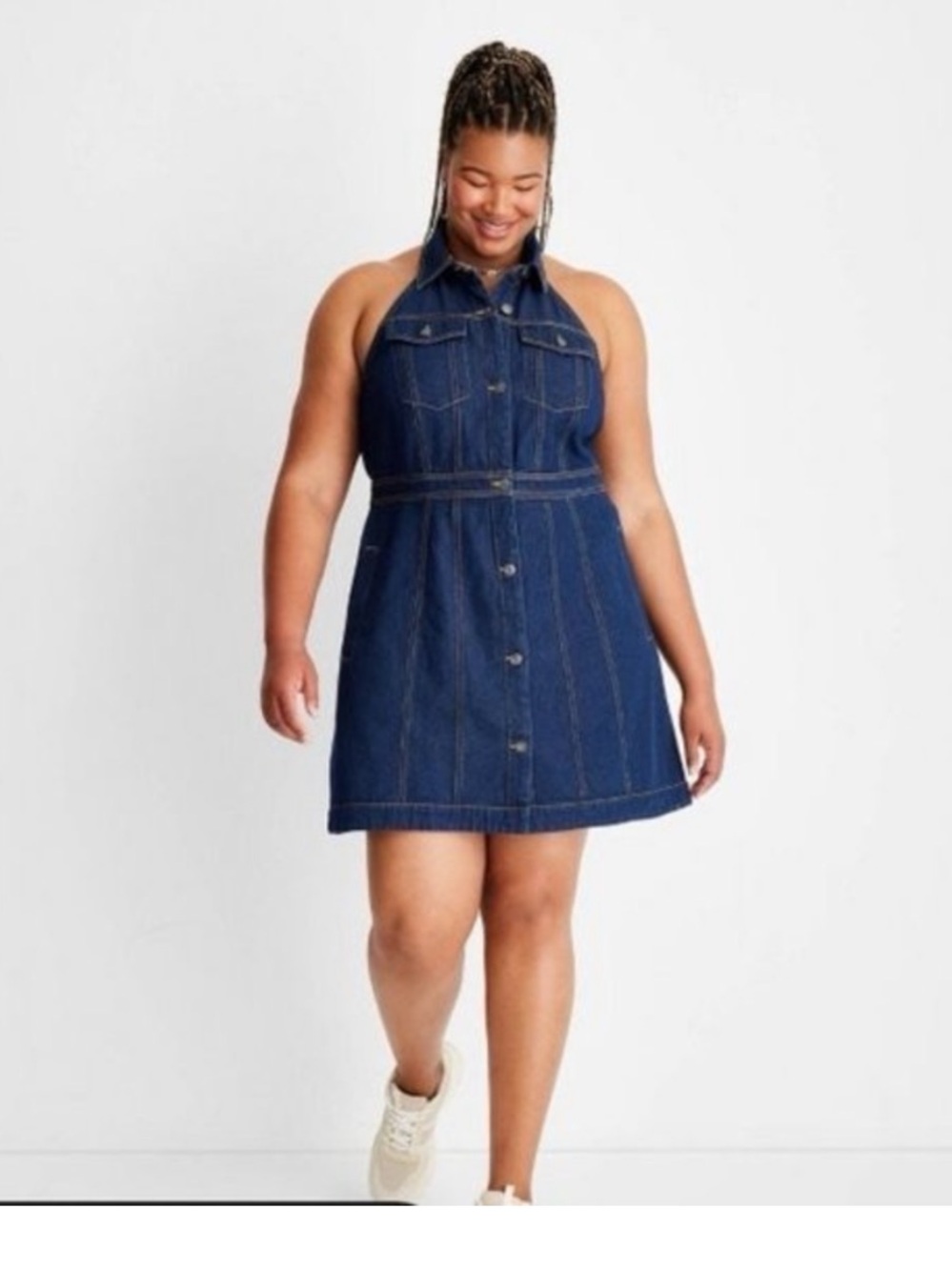 New Future Collective x Alani Noelle Denim Collared Halter Mini Dress | Size 14